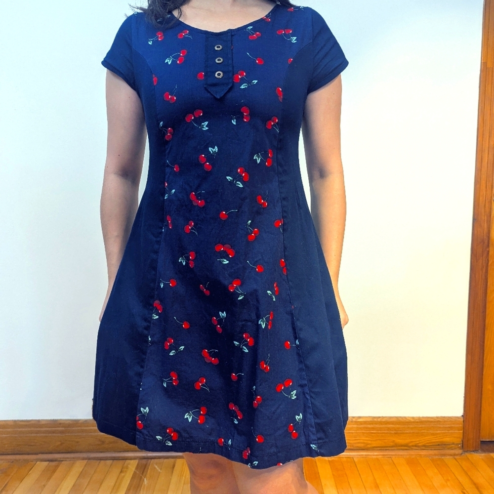 Navy Cherry-Print Dress – Size Small